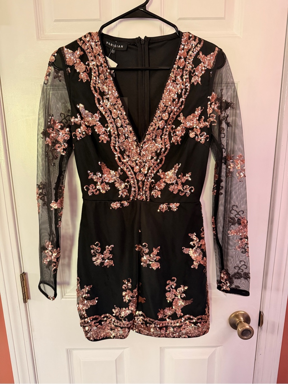 Parisian Black Romper with Rose Gold Sequin Floral Detail